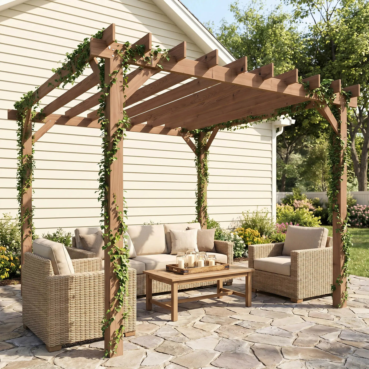 3m x 3m Wooden Pergola Kit – Maple Wood – Effect Garden Pergola with Grape Trellis Roof and Triangle Supports