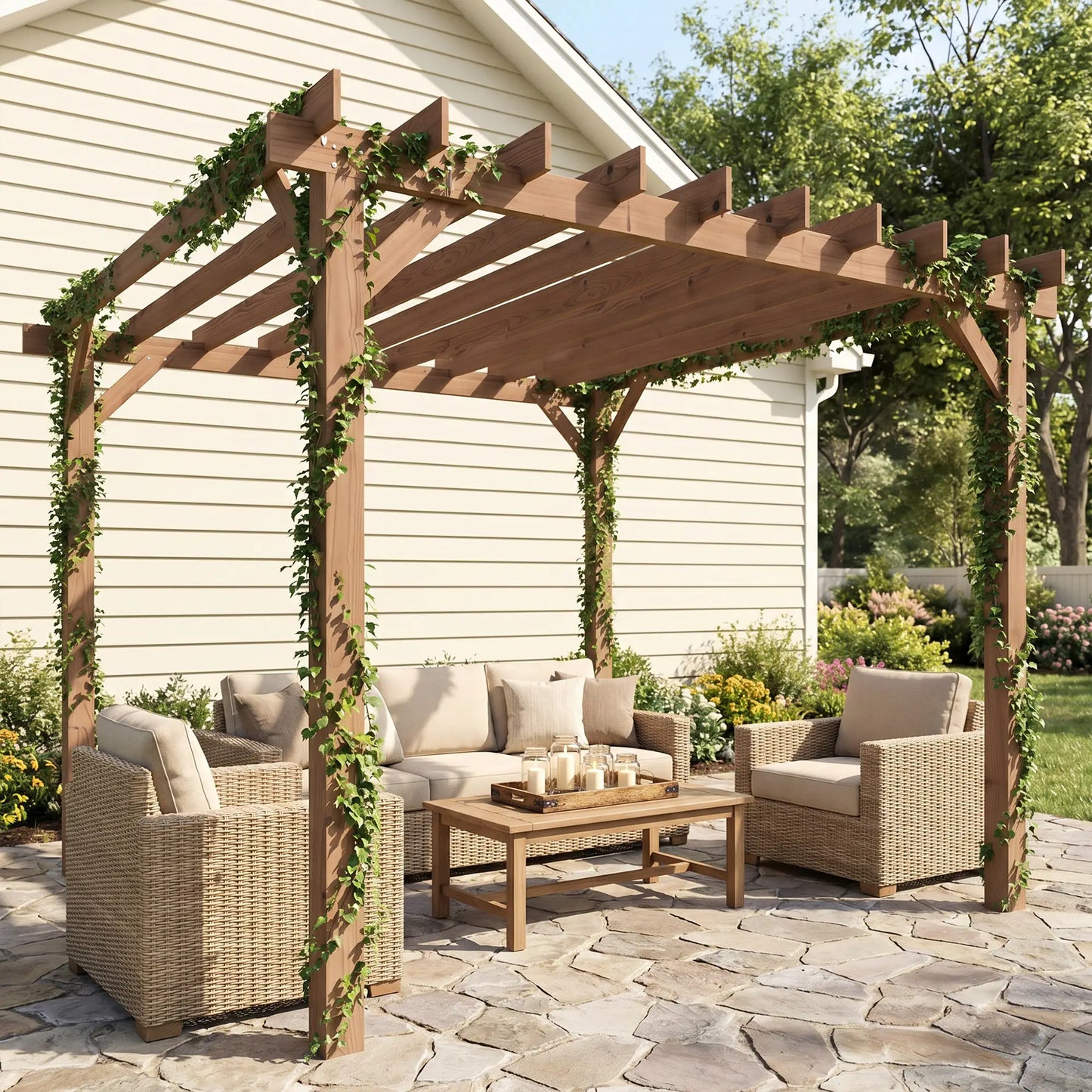 3m x 3m Wooden Pergola Kit – Maple Wood – Effect Garden Pergola with Grape Trellis Roof and Triangle Supports
