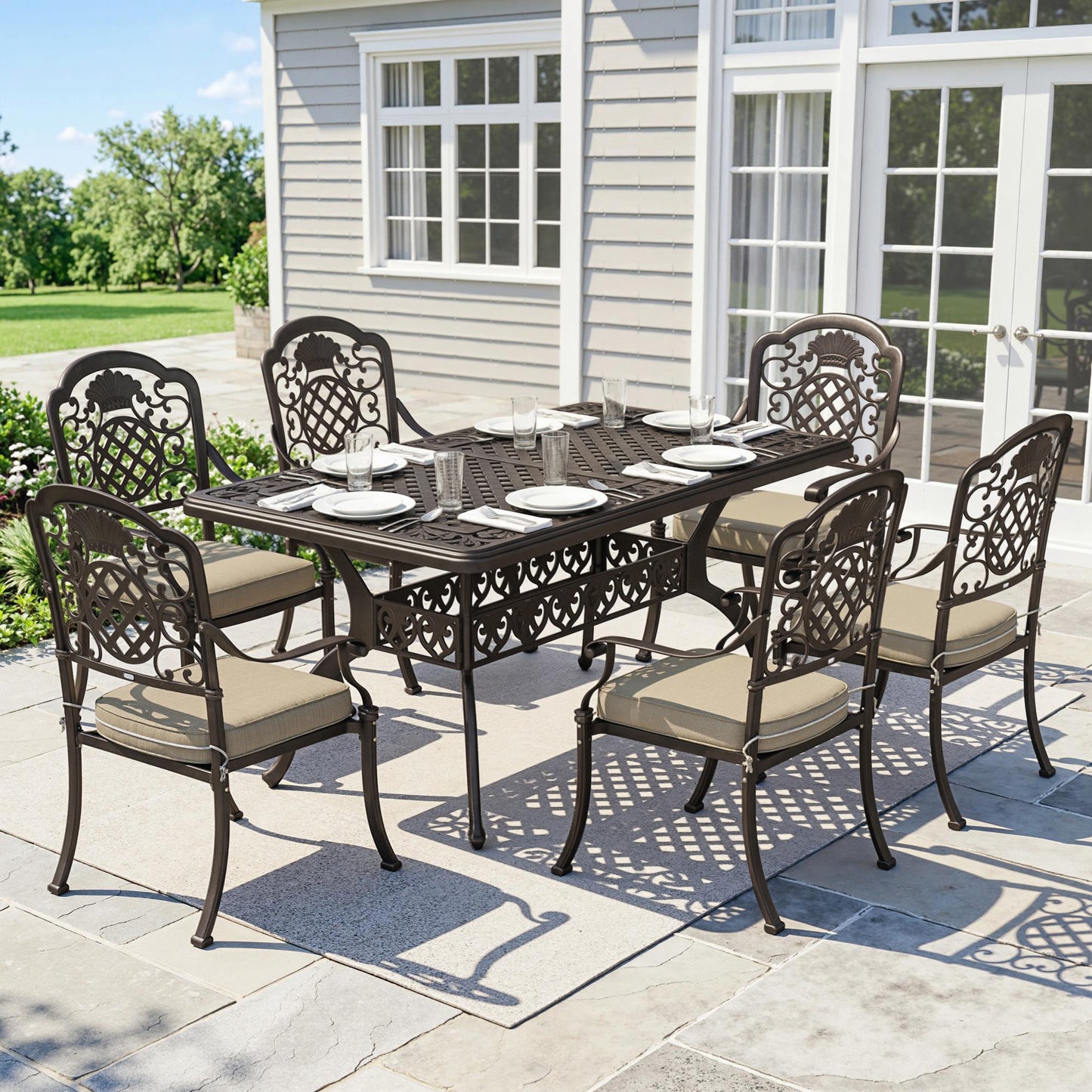Verona Garden Dining Set for 6, Cast Aluminium Garden Table and Chairs Set with Cushions, Parasol Hole for Patio