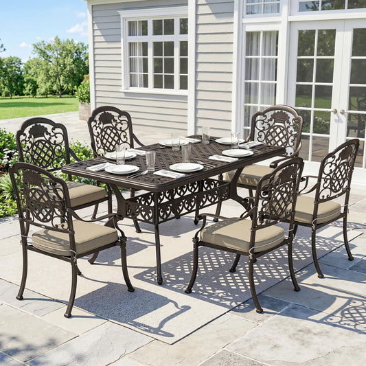 Verona Garden Dining Set for 6, Cast Aluminium Garden Table and Chairs Set with Cushions, Parasol Hole for Patio