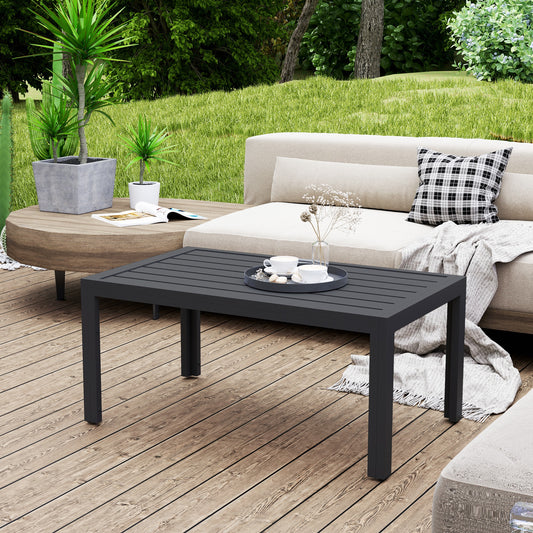 Riviera Outdoor Side Table, Rectangular Patio Coffee Side Table with Steel Frame and Slat Tabletop for Garden