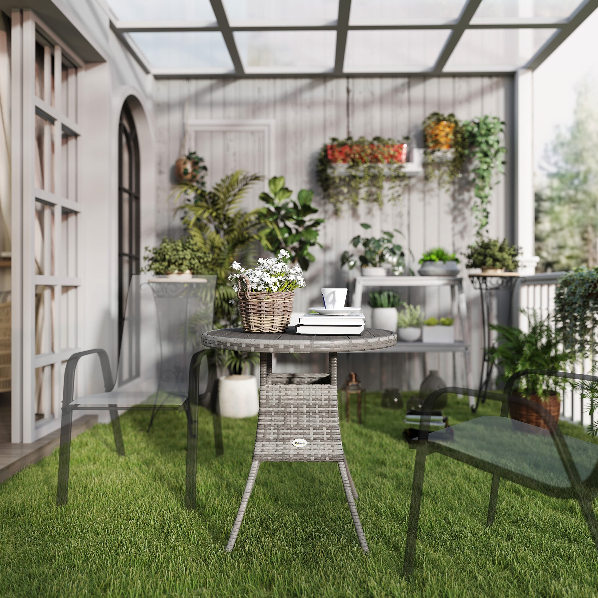 Outsunny 70 cm Wood-Effect Rattan Garden Table - Grey