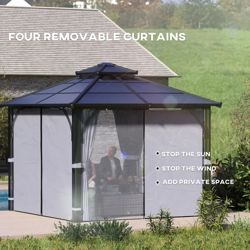 3x3m Brown Polycarbonate Hardtop Gazebo Garden Pavilion – Heavy Duty Metal Frame Shelter with Curtains & Mosquito Netting