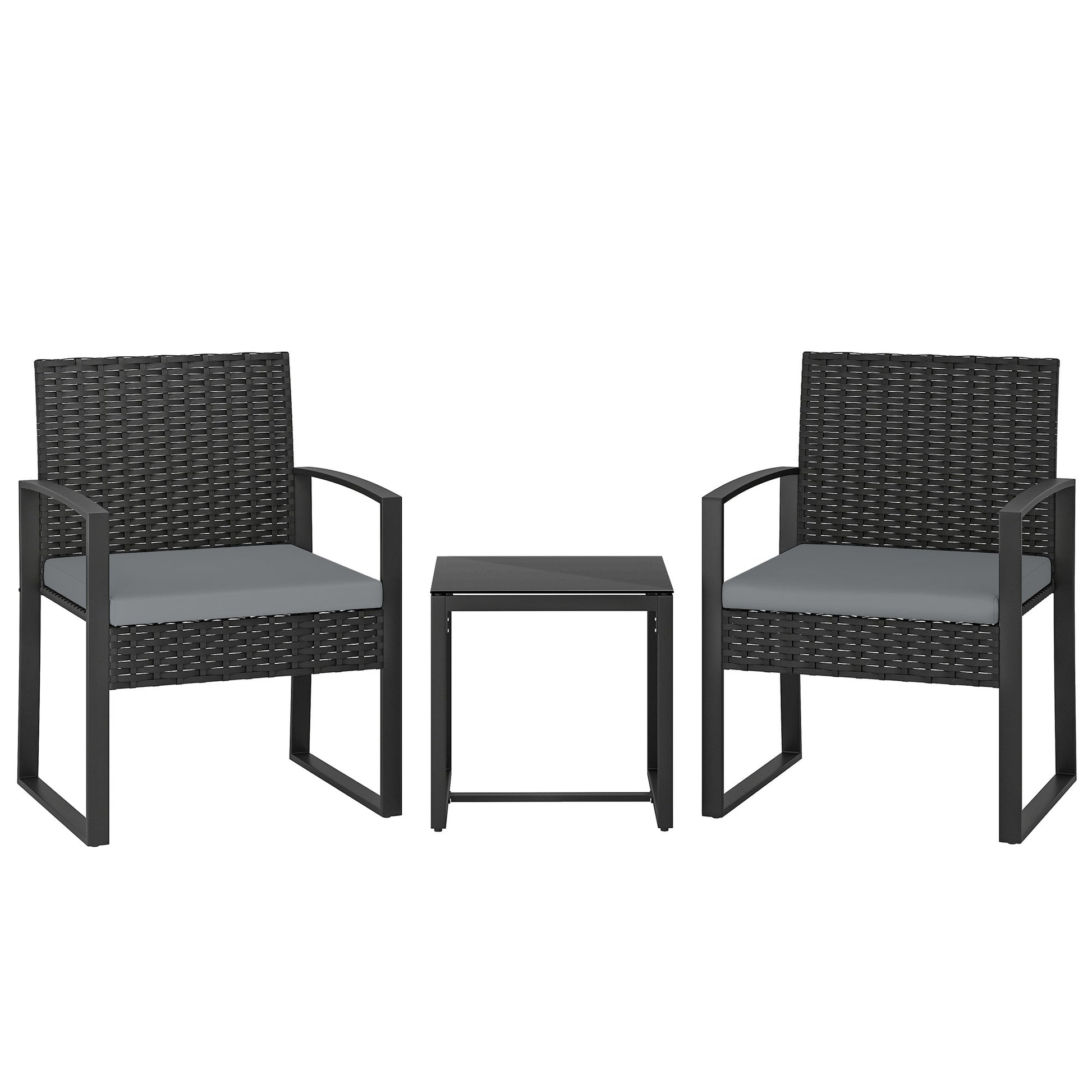 Outsunny Rattan Bistro Set, 3 Piece Garden Furniture Set with Glass Top Table and Cushions, Light Grey