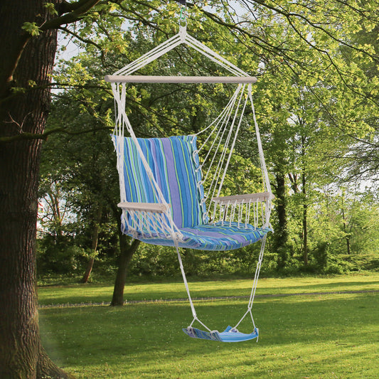 Hanging Rope Chair with Soft Padded Seat & Backrest, Portable Garden Hammoc Chair with Wooden Support Bar, Armrests, Cotton Cloth, Footrest, for