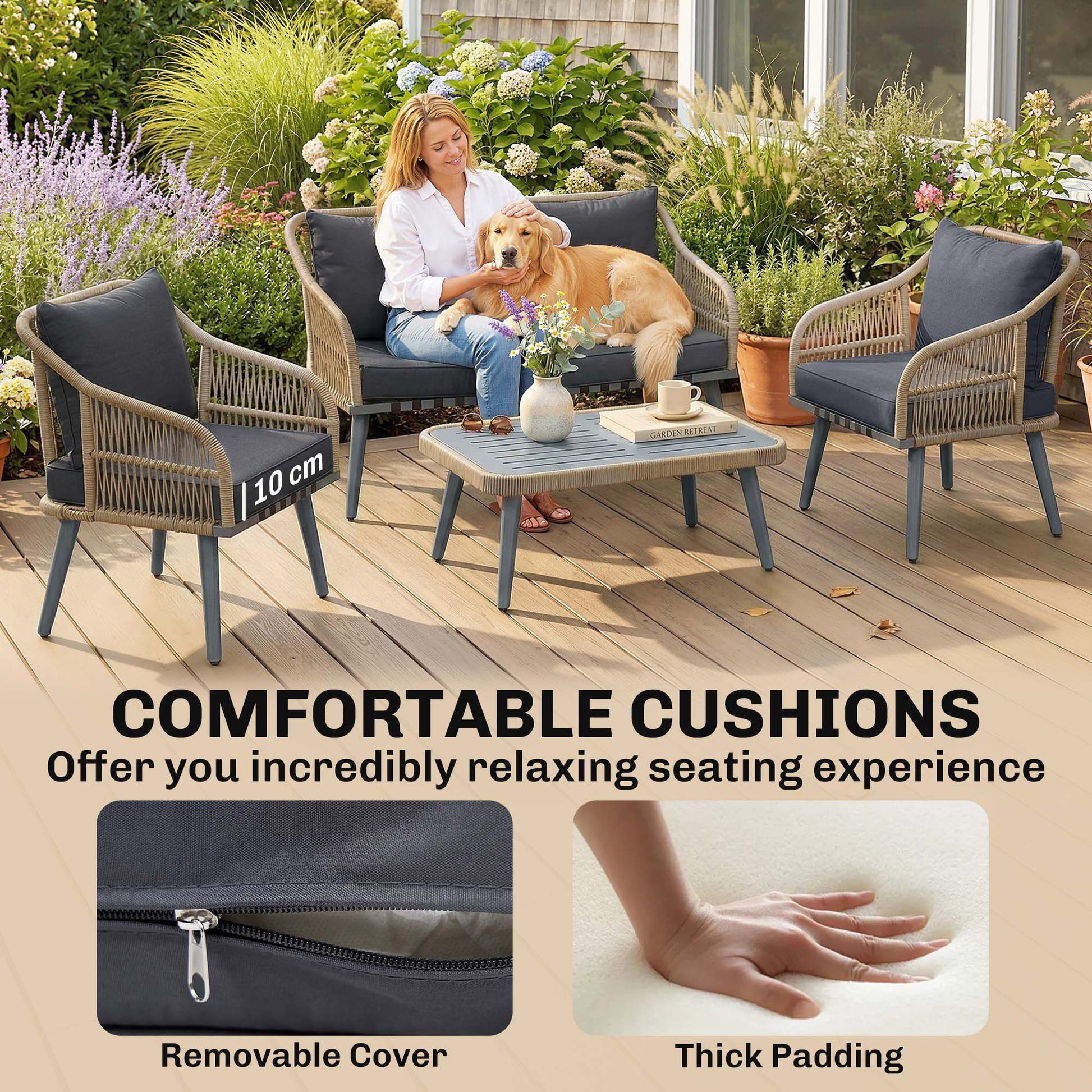 Outsunny 4 Piece Rattan Garden Furniture Set with Loveseat, Wicker Patio Conversation Set, Grey