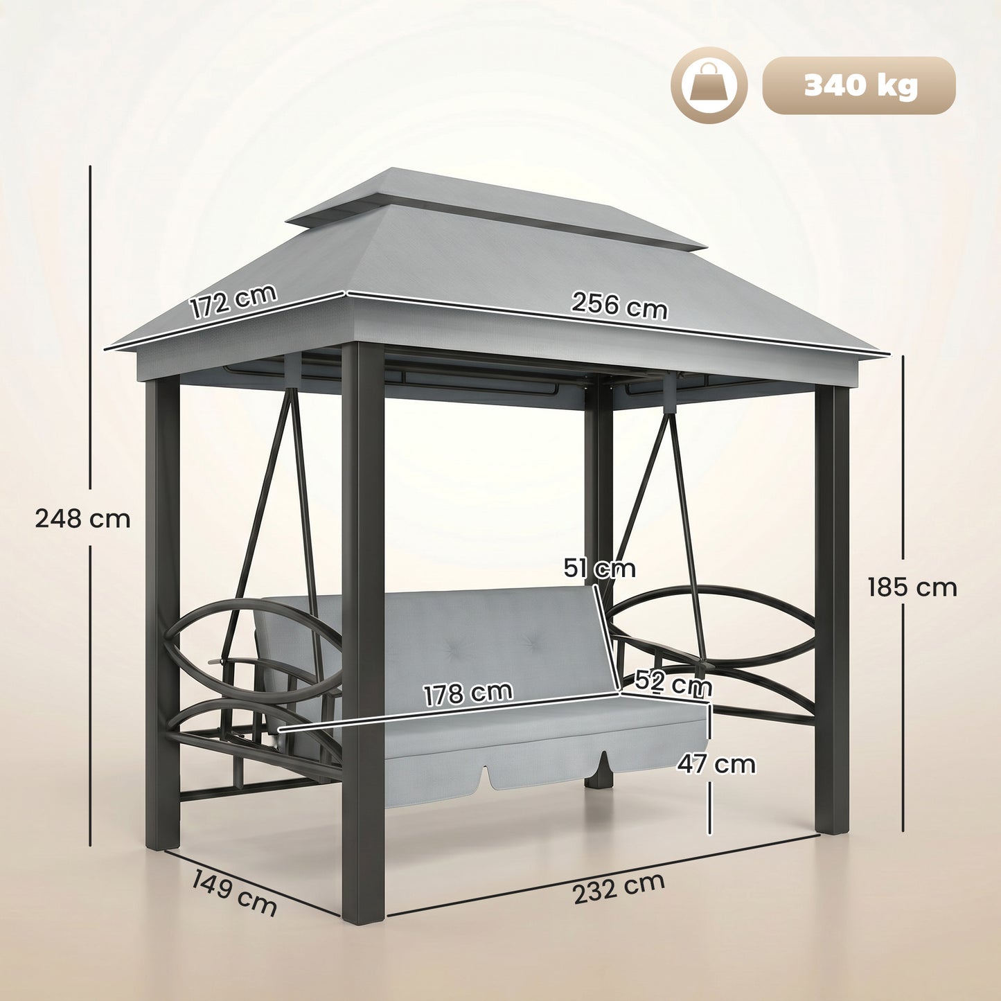 Outsunny 3 Seater Swing Chair 3-in-1 Convertible Garden Swing Seat Bed Gazebo Patio Bench Outdoor with Double Tier Canopy, Cushioned Seat, Mesh Sidewalls, Grey