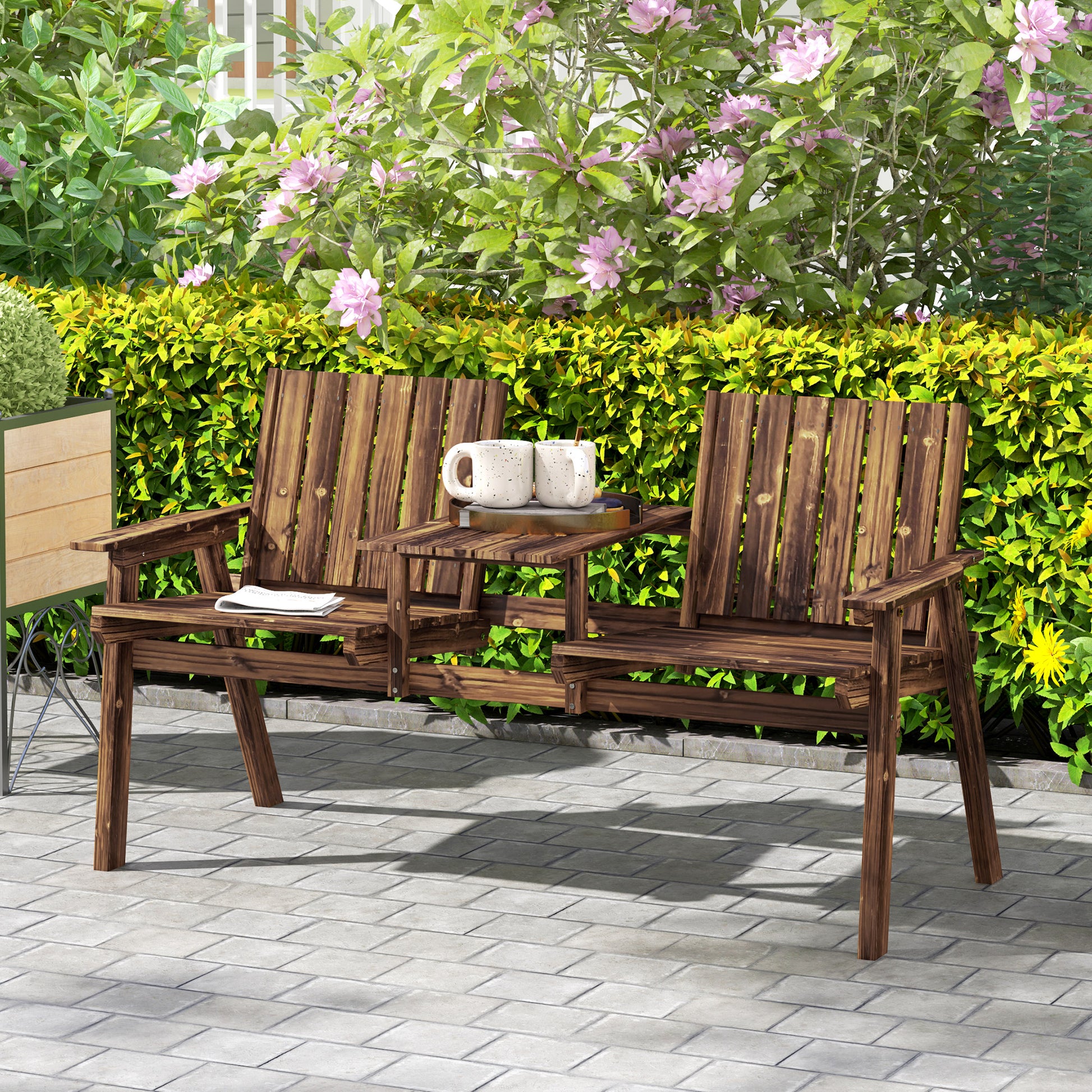 Verona 2-Seater Garden Loveseat with Table and Parasol Hole for Porch, Patio, Carbonised Finish
