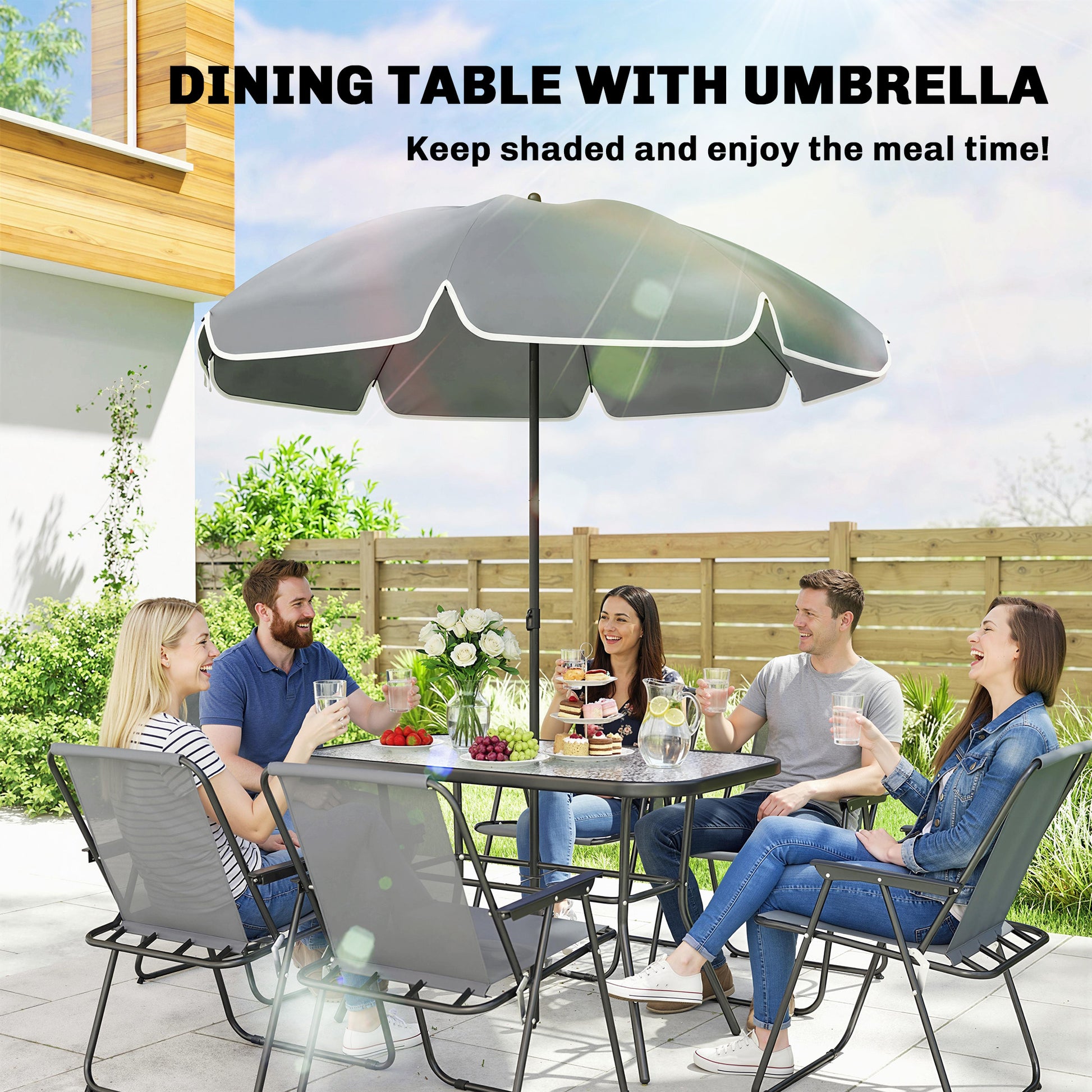 Outsunny 8 Piece Garden Dining Set with Umbrella, Garden Furniture Set with 6 Folding Chairs, Tempered Glass Table for Patio Grey