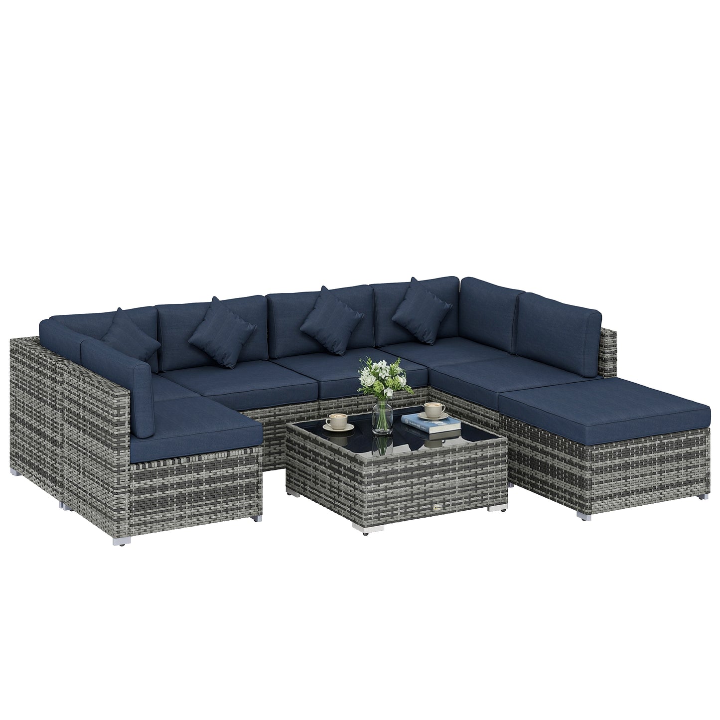 Outsunny 8 Pieces PE Rattan Corner Sofa Set, Outdoor Garden Furniture Set, Patio Wicker Sofa Seater with Cushion, Dark Blue