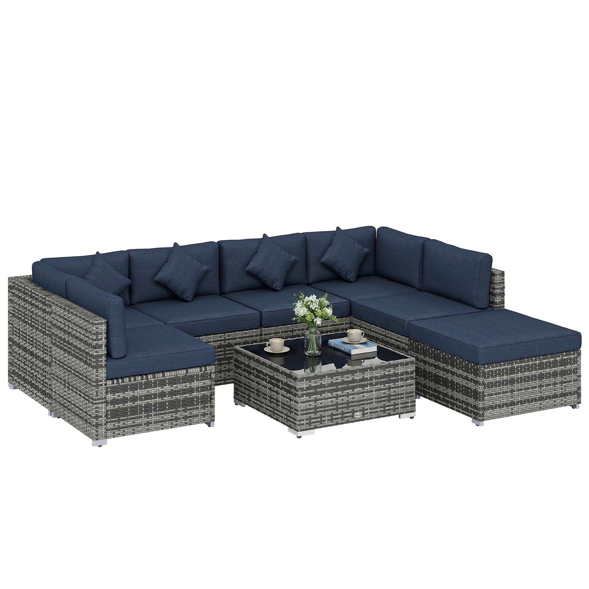 Outsunny 8 Pieces PE Rattan Corner Sofa Set, Outdoor Garden Furniture Set, Patio Wicker Sofa Seater with Cushion, Dark Blue