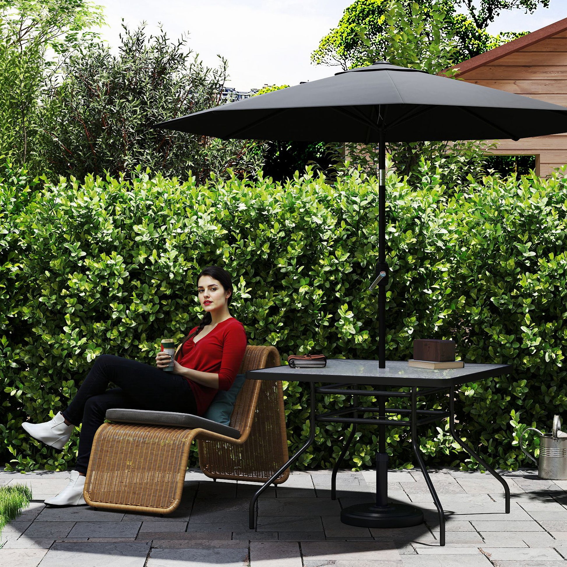 Santorini Square Garden Dining Table with Tempered Glass Top & Umbrella Hole, 100 x 100 cm