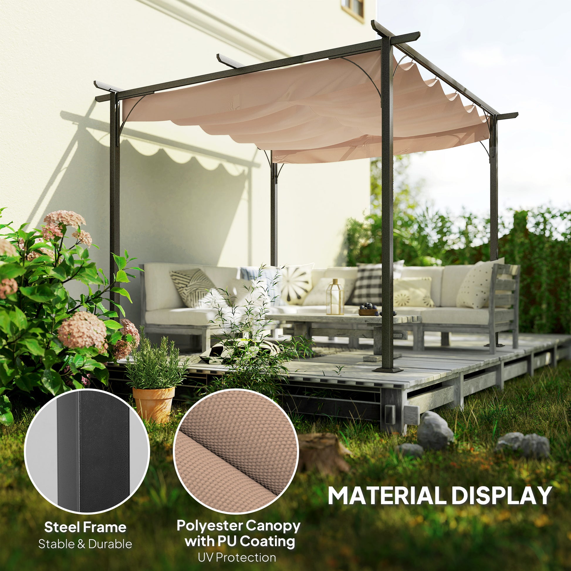 Outsunny 3 x 3(m) Metal Pergola with Retractable Roof, Garden Gazebo Metal Pergola Canopy for Party BBQ, Beige