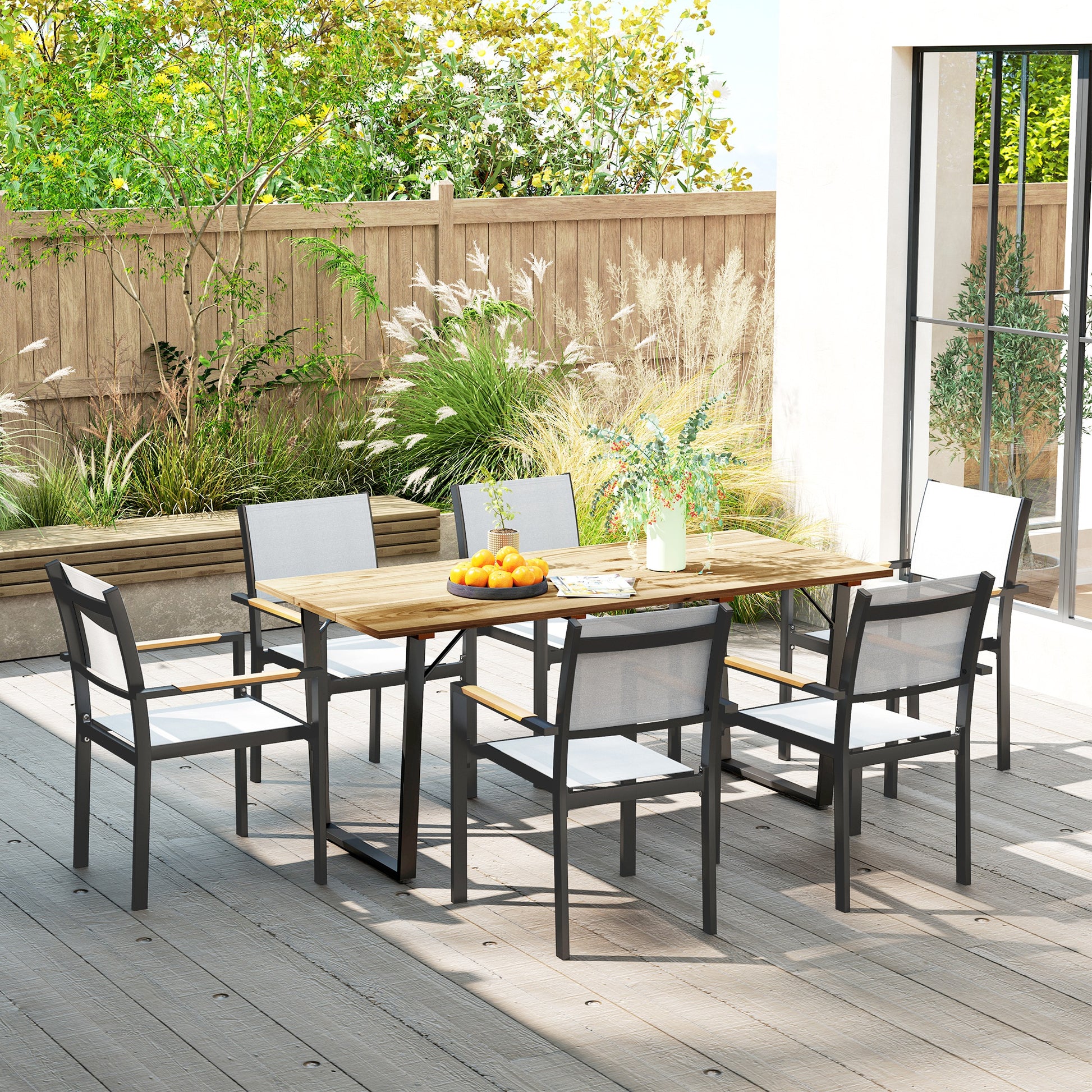 Outsunny 6 Seater Wooden Garden Dining Table, 175 x 80 cm Rectangular Outdoor Dining Table with 5cm Parasol Hole and Slatted Top, Weather Resistant for Patio, Terrace, Brown