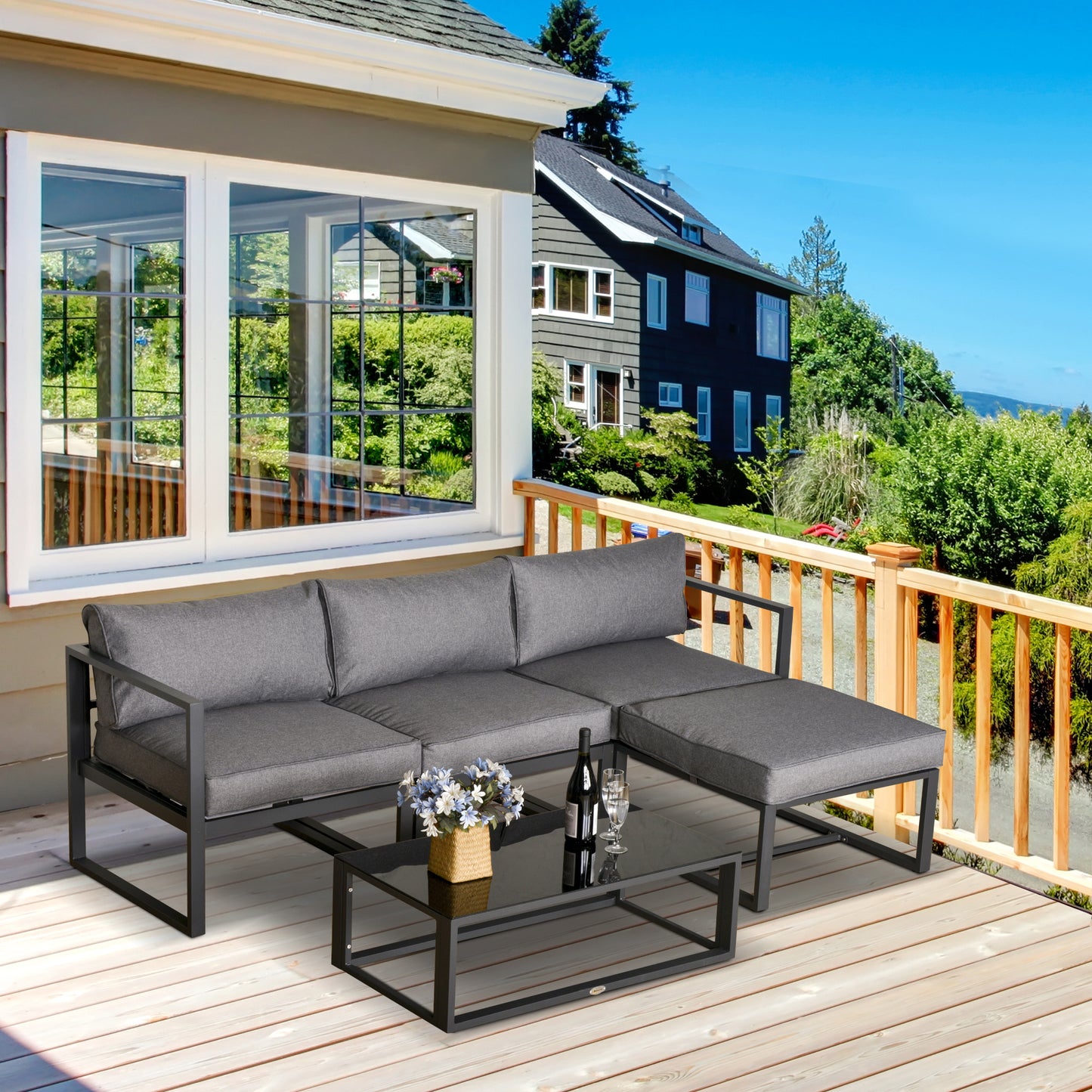 Capri 5 Piece Garden Furniture Set, Sofa Couch with Glass Coffee Table, Cushioned Chairs and Aluminum Tube