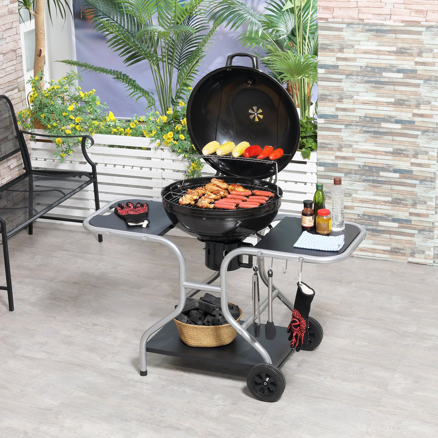 Portable Charcoal Kettle Grill Gas BBQ Trolley BBQ Heat Smoker Grilling with 2 Wheels
