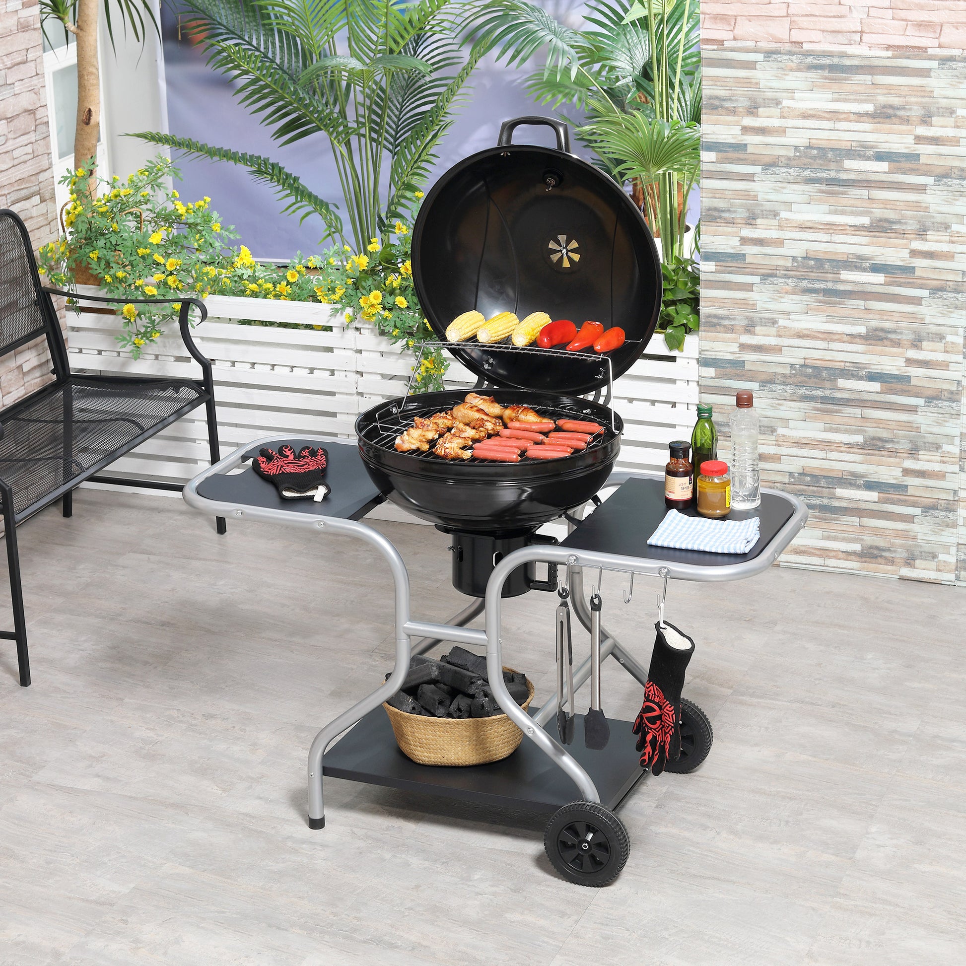 Portable Charcoal Kettle Grill Gas BBQ Trolley BBQ Heat Smoker Grilling with 2 Wheels