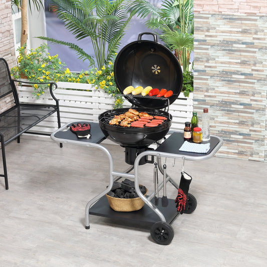 Portable Charcoal Kettle Grill Gas BBQ Trolley BBQ Heat Smoker Grilling with 2 Wheels