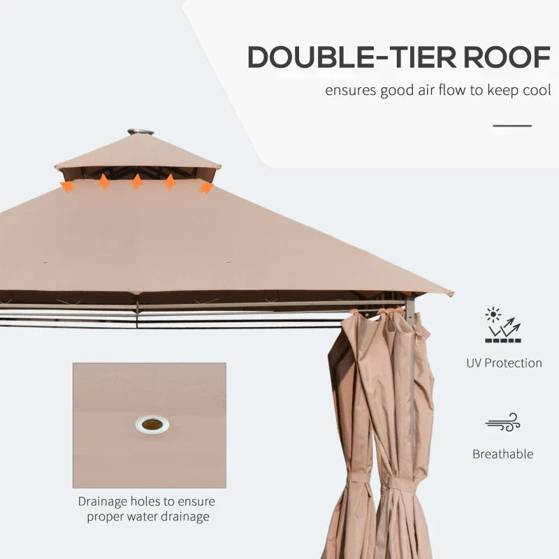 4m x 3m Garden Gazebo with LED Solar Lights - Double Tier Roof Outdoor Party Shelter with Curtains