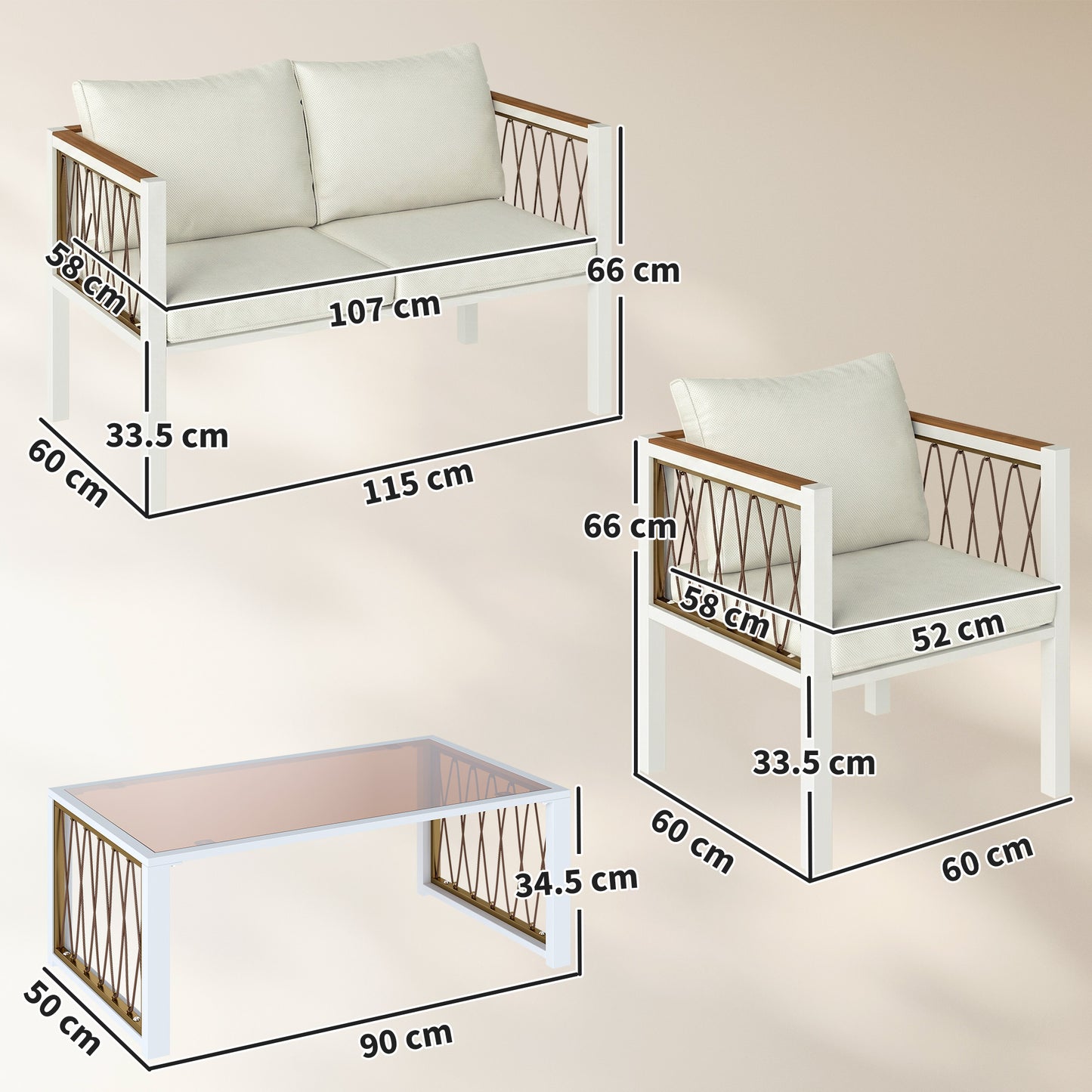 Outsunny 4 Piece Rattan Garden Furniture Set with Loveseat, 2 Armchairs, Cream White