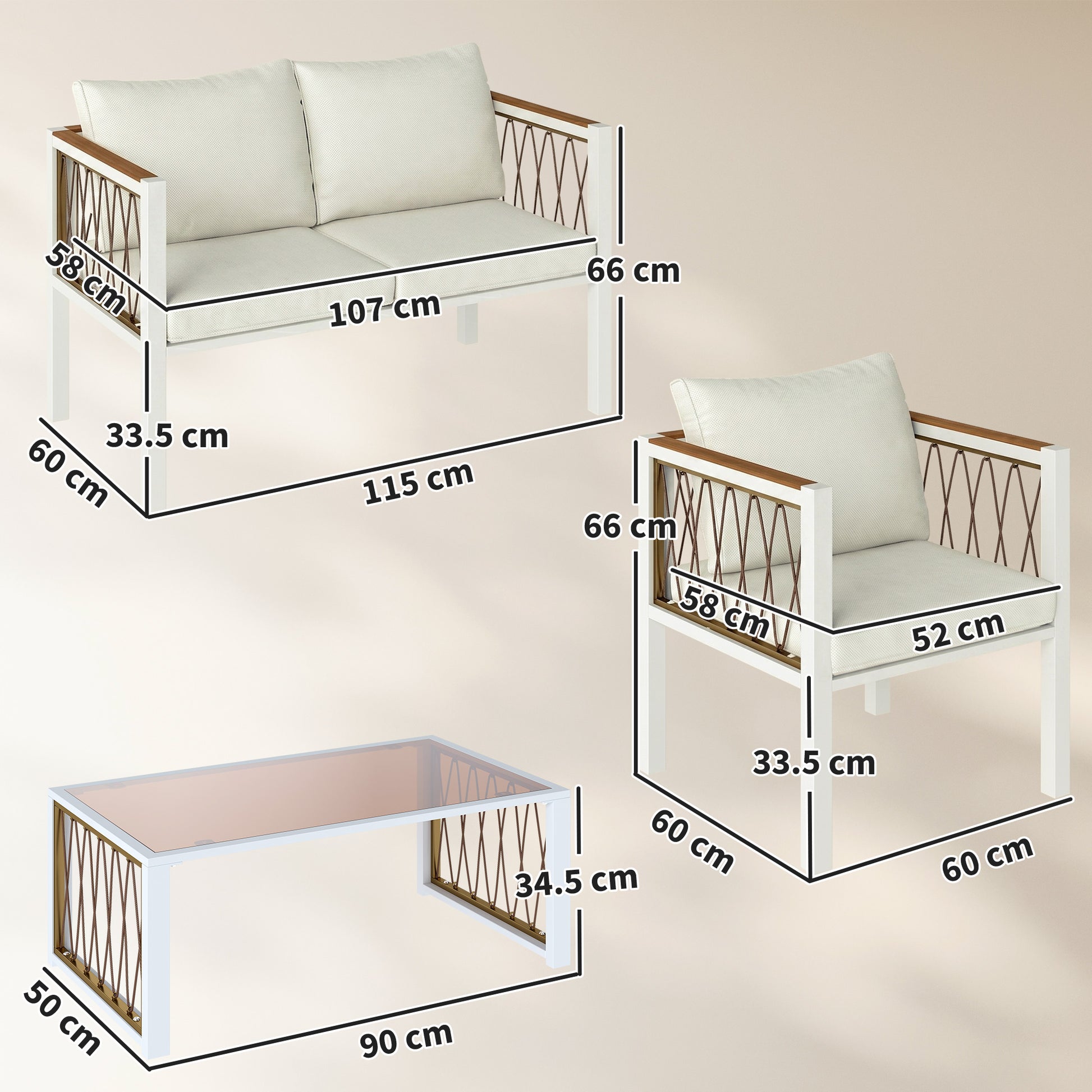 Outsunny 4 Piece Rattan Garden Furniture Set with Loveseat, 2 Armchairs, Cream White