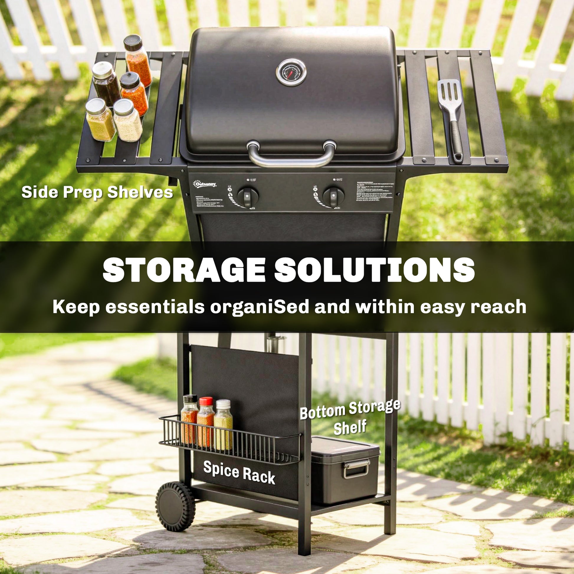 Outsunny Gas Burner Barbecue Grill, 2 Burner Gas Grill with Side Tables, Warming Rack, Shelf, Thermometer, Grease Tray, Black