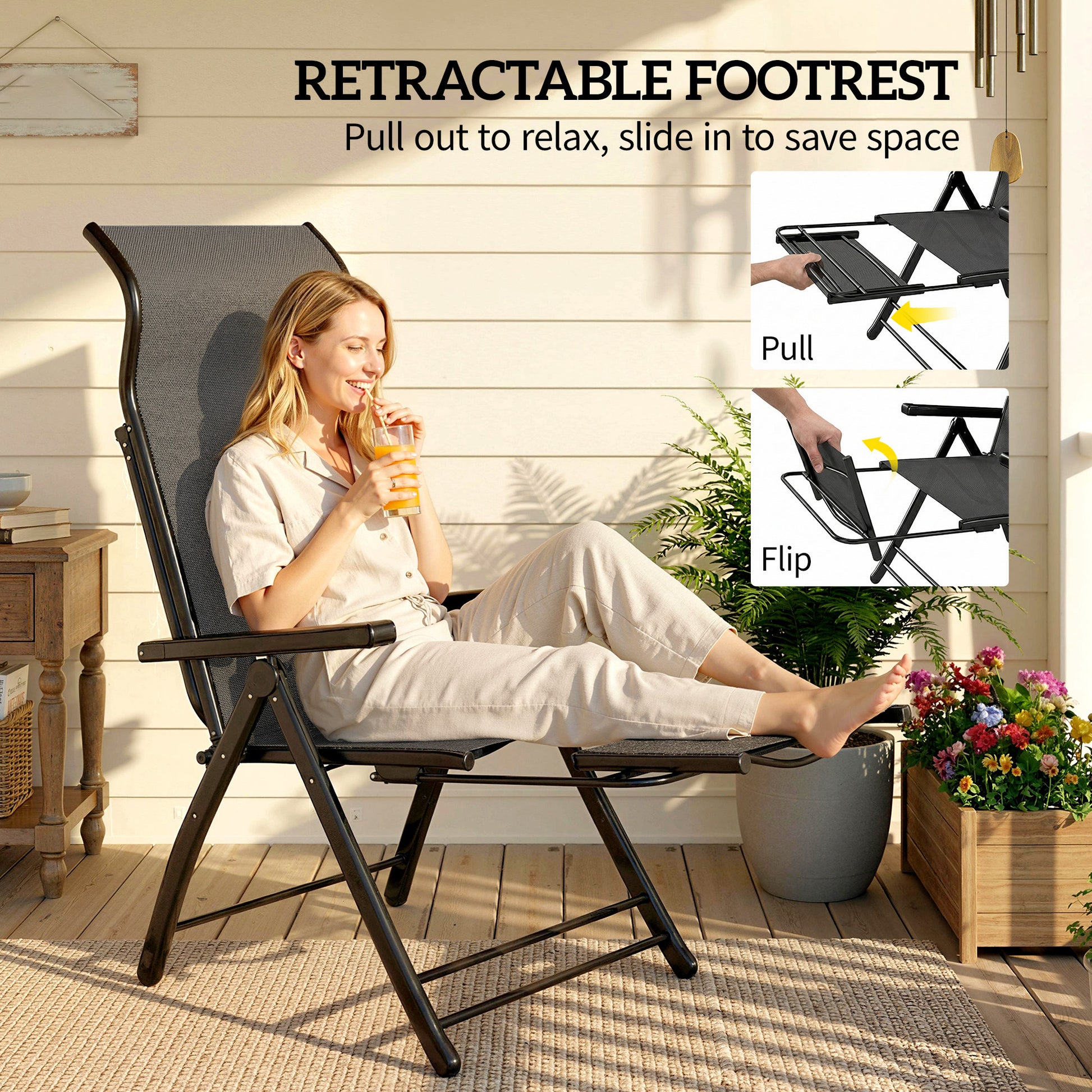 Outsunny Reclining Garden Chairs Set of 2 with High Back, Retractable Footrest, Dark Grey