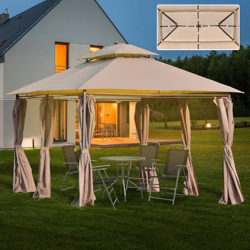 4m x 3m Garden Gazebo with LED Solar Lights - Double Tier Roof Outdoor Party Shelter with Curtains