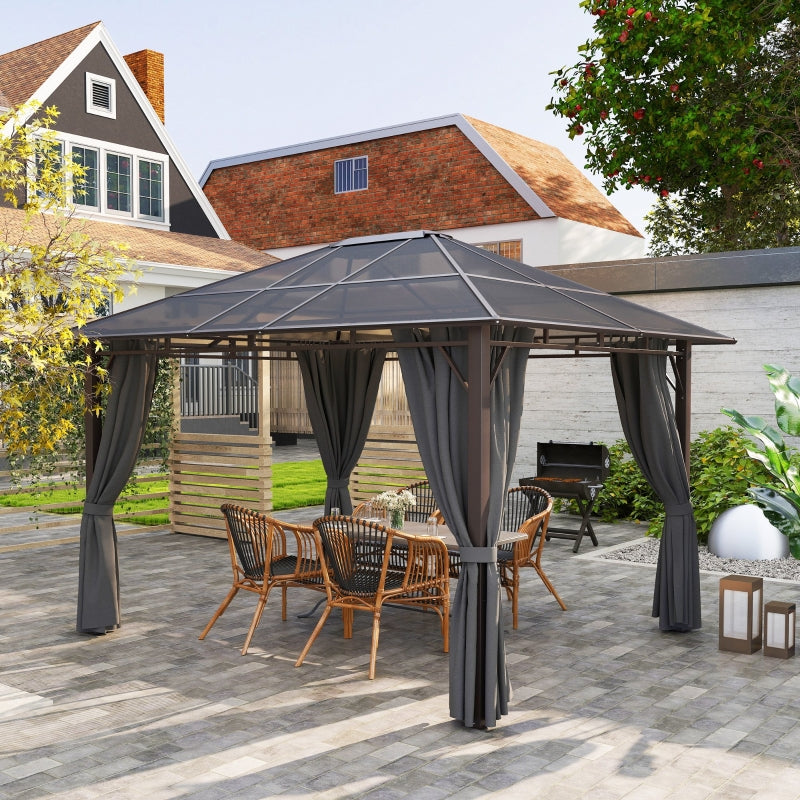 Dark Grey 3m x 3.6m Hardtop Gazebo – Polycarbonate Roof Garden Pavilion with Removable Privacy Curtains