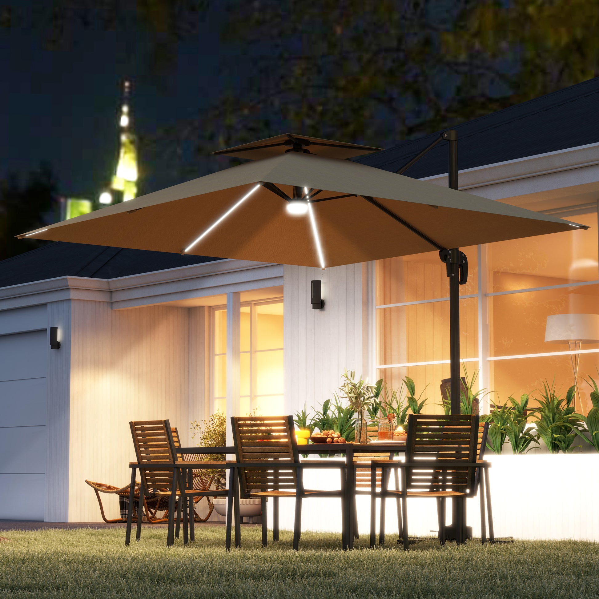 2.5m Cantilever Parasol with Solar Powered LED Lights, 360° Rotation, Tilt Adjustment, Crank Handle