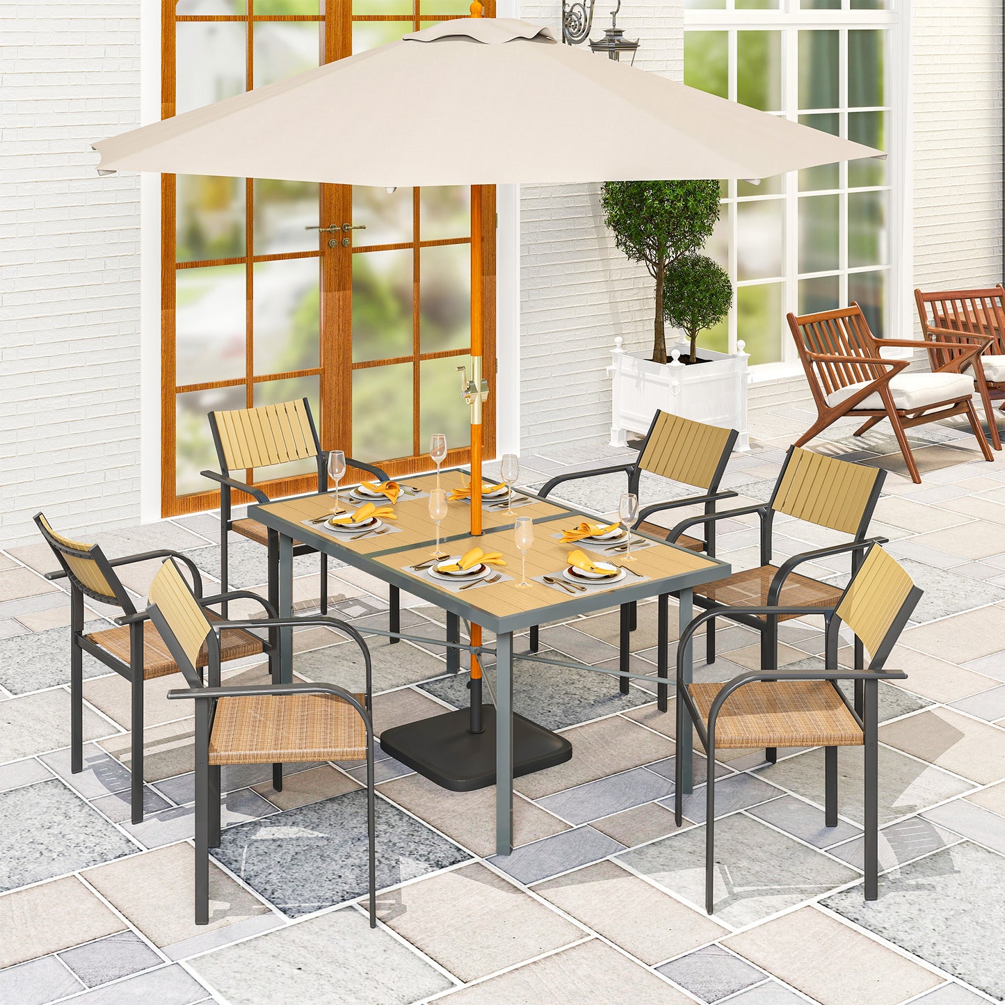 Amalfi Garden Table for 6, 150 cm Rectangular Garden Dining Table with 5 cm Umbrella Hole, Wood Effect Top