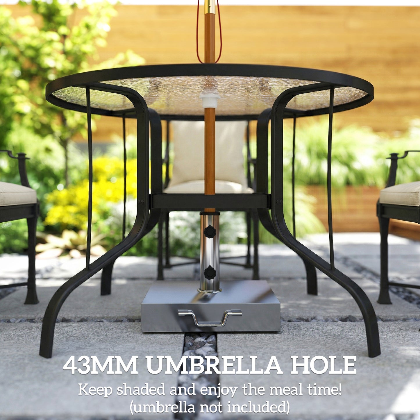 Outsunny Tempered Glass Top Round Outdoor Dining Table with Parasol Hole, 96.5 x 96.5 x 71 cm