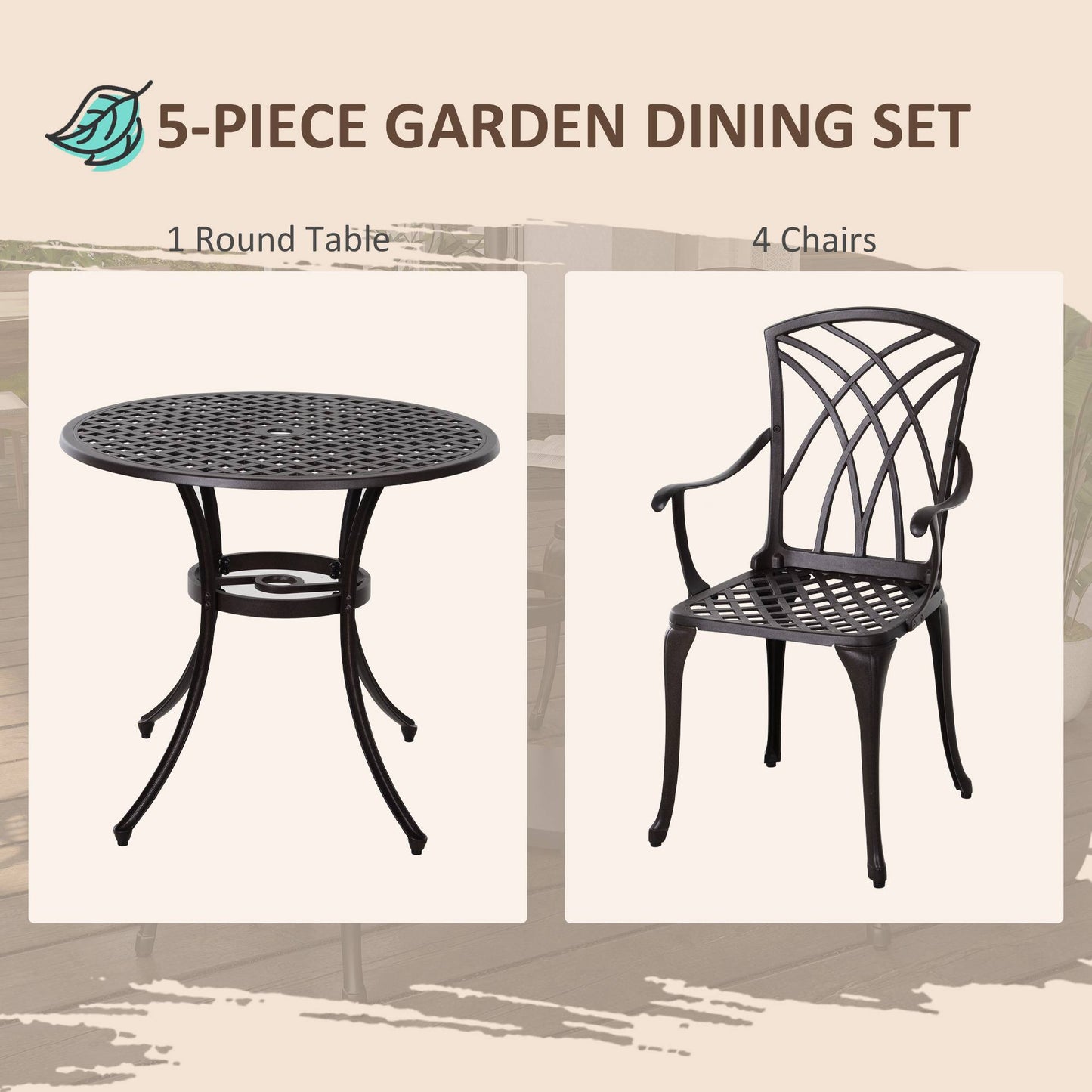 Outsunny 5 Pieces Garden Dining Set for 4, Cast Aluminium Outdoor Dining Set with 4 Armchairs and Round Dining Table with Parasol Hole, Garden Furniture Bistro Set, Brown