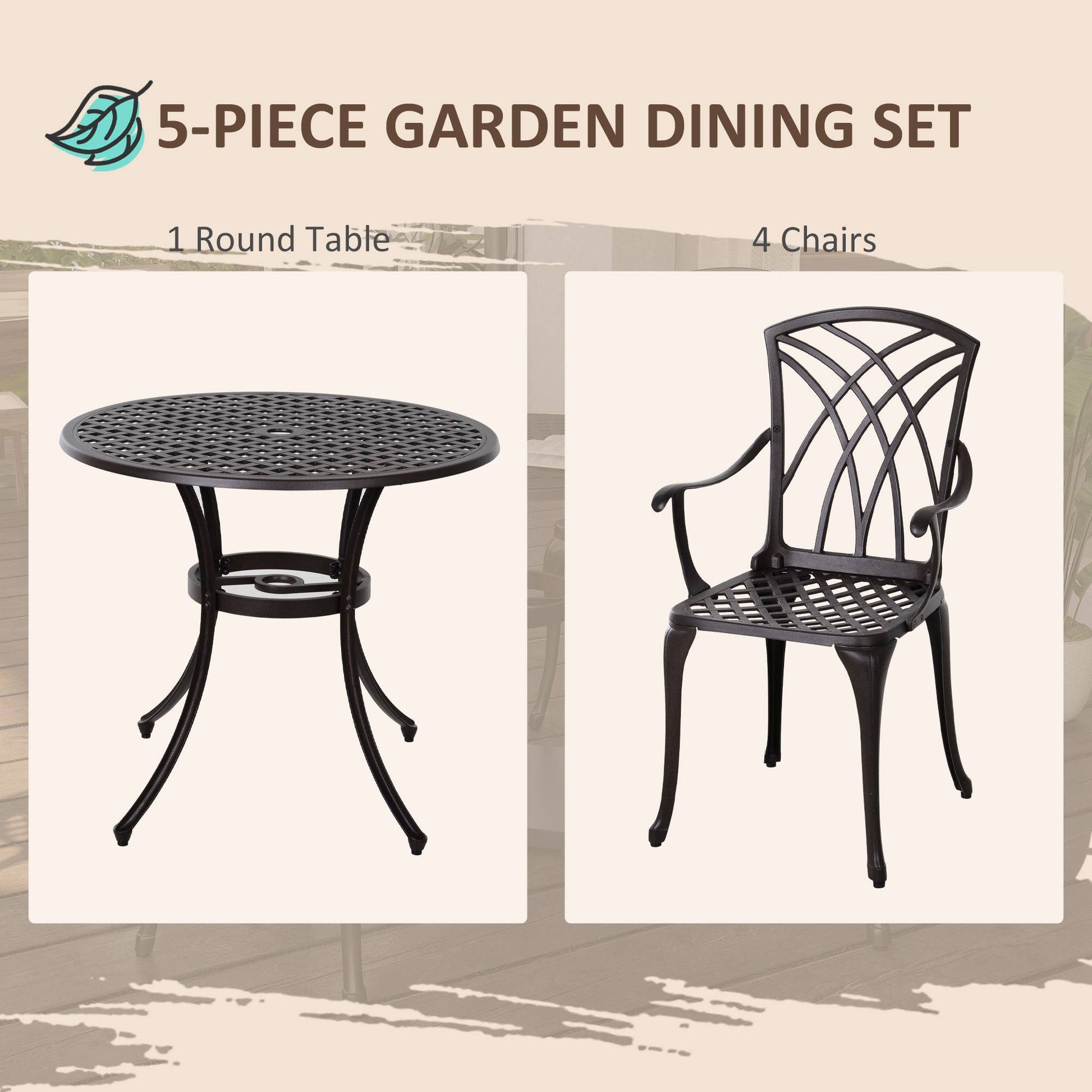 Outsunny 5 Pieces Garden Dining Set for 4, Cast Aluminium Outdoor Dining Set with 4 Armchairs and Round Dining Table with Parasol Hole, Garden Furniture Bistro Set, Brown