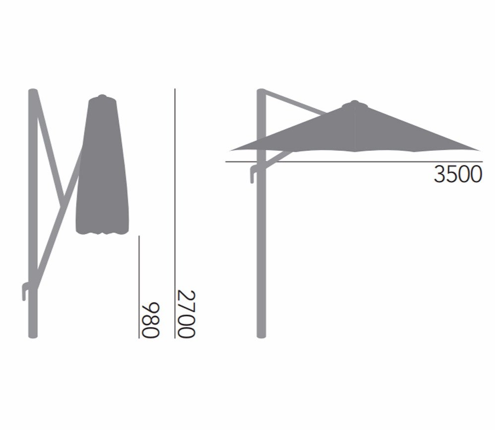 Diagram showing dimensions of a cantilever garden umbrella, illustrating closed height at 2700mm, with a covered width of 3500mm when open, suitable for patios.
