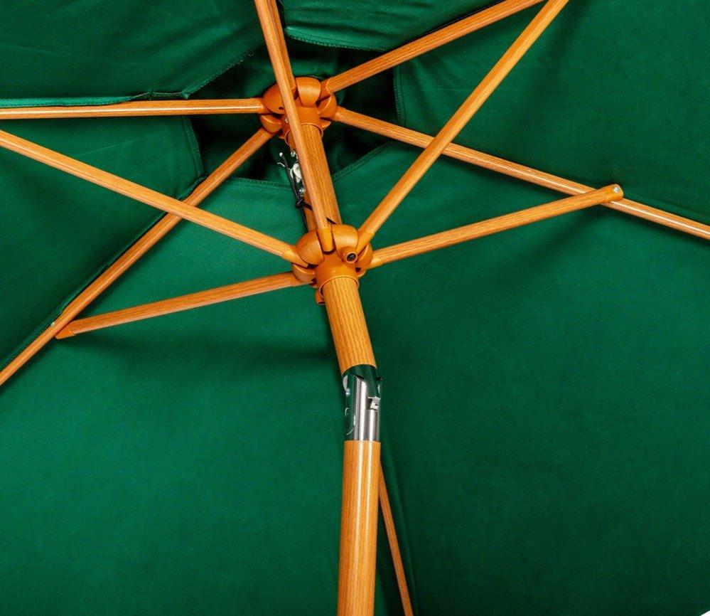 Green garden umbrella featuring robust wooden frame and spokes. Ideal for outdoor settings, providing reliable shade and durability for sunny days.