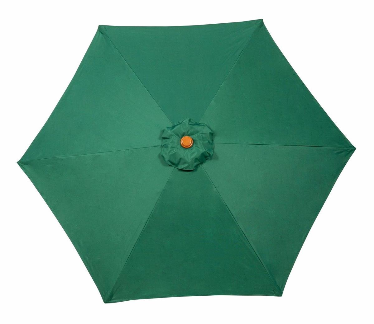 Green garden parasol canopy top view showing hexagonal shape with central orange button detail, ideal for patio shading and outdoor decor. Durable weather-resistant fabric.