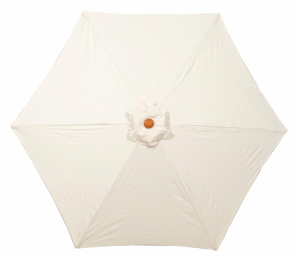 Cream-coloured hexagonal sun umbrella with wood-effect centre, offering durable and stylish protection from the sun. Ideal for gardens, patios, and outdoor spaces.