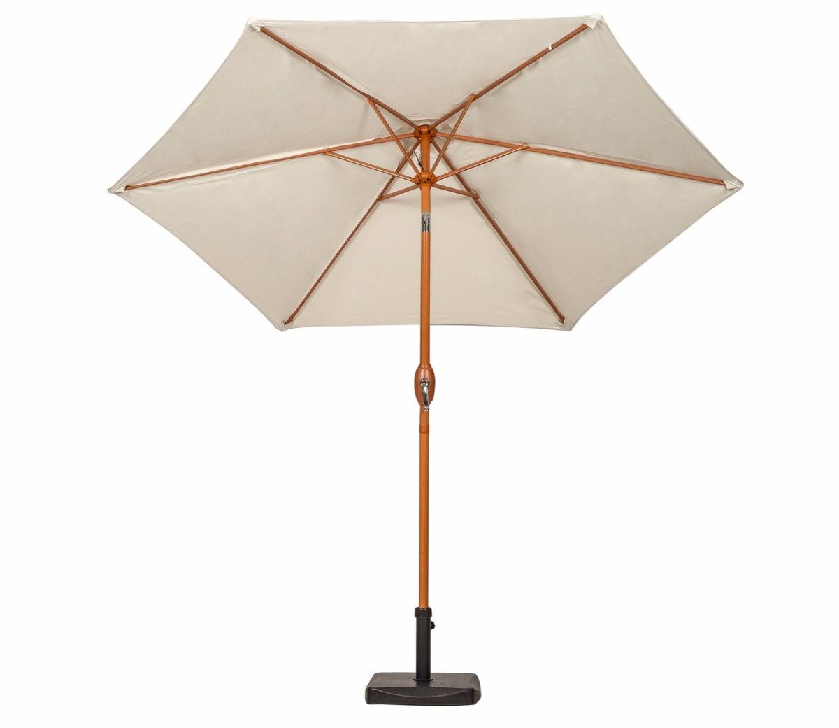 Beige patio umbrella with a wooden pole and a sturdy square base, perfect for garden or outdoor use. Provides shade and adds elegance to any outdoor setting.