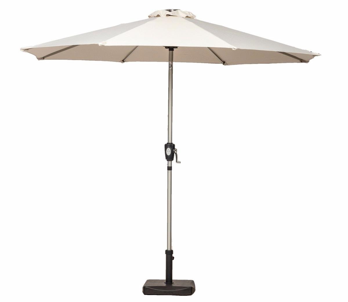 Cream outdoor patio umbrella with a sturdy metal pole and crank handle for easy opening. Provides shade and protection, ideal for garden or balcony settings.