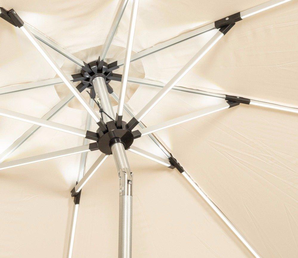 Beige patio umbrella showing internal metal frame and support structure. Durable materials and robust design provide stability and protection from the sun's rays.