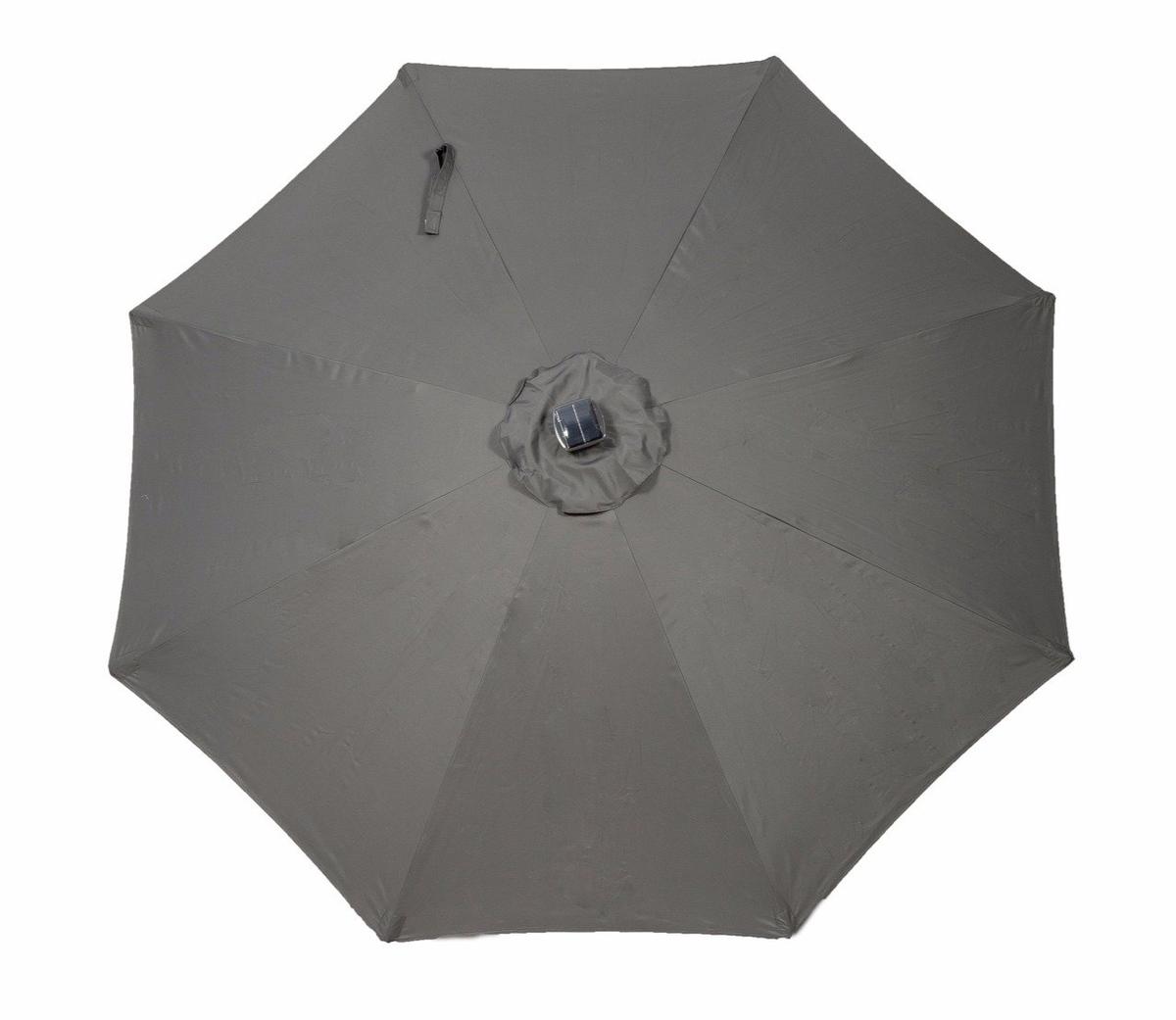 Gray outdoor parasol umbrella with a central hub, viewed from above, featuring a sturdy fabric canopy. Ideal for garden, patio, or terrace use to provide shade.