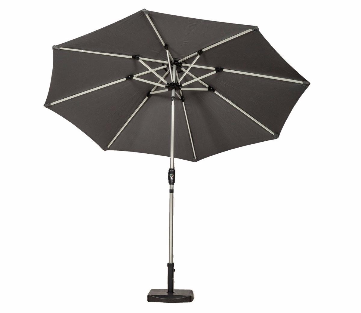 A grey outdoor patio umbrella with a sturdy metal frame and crank handle, providing ample shade and modern style. Ideal for garden or terrace use.