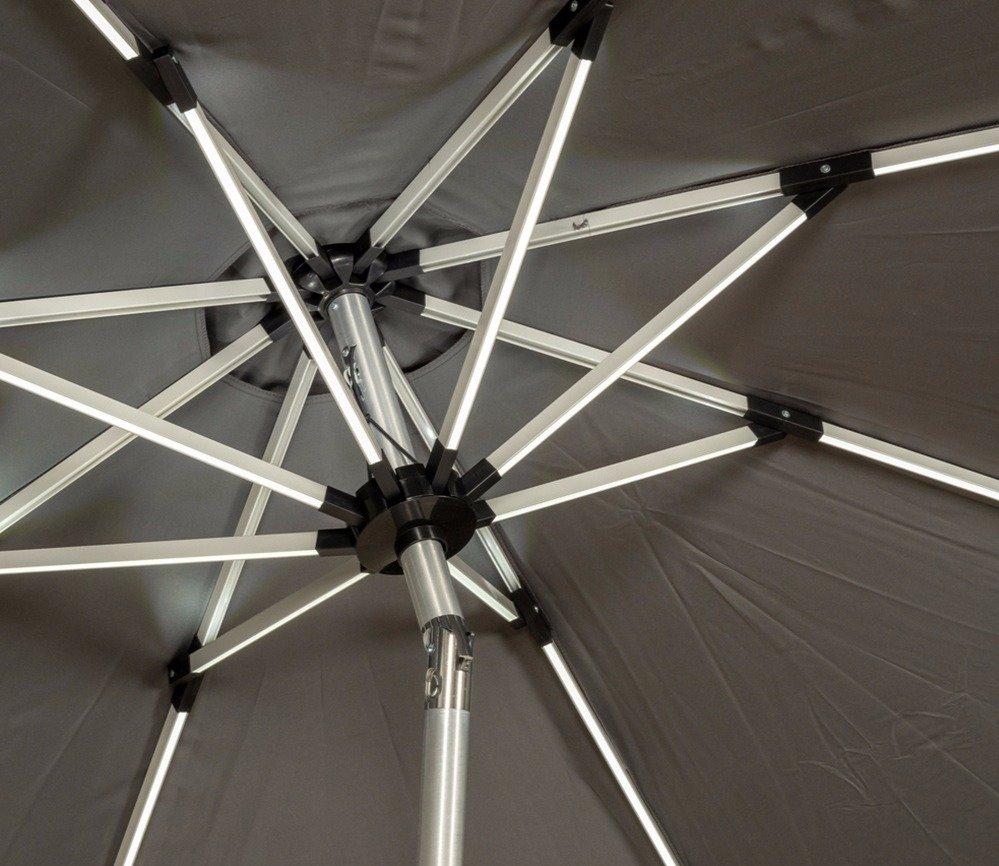 Close-up view of the underside of a grey patio umbrella, showing sturdy aluminium ribs and a central pole. Durable construction ensures reliable outdoor shading.
