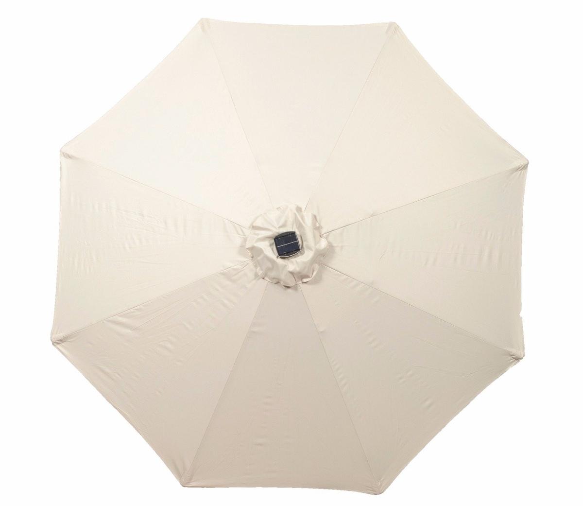 Beige octagonal outdoor umbrella with solar panel at the centre, designed for garden or patio use, providing shade and eco-friendly lighting options.