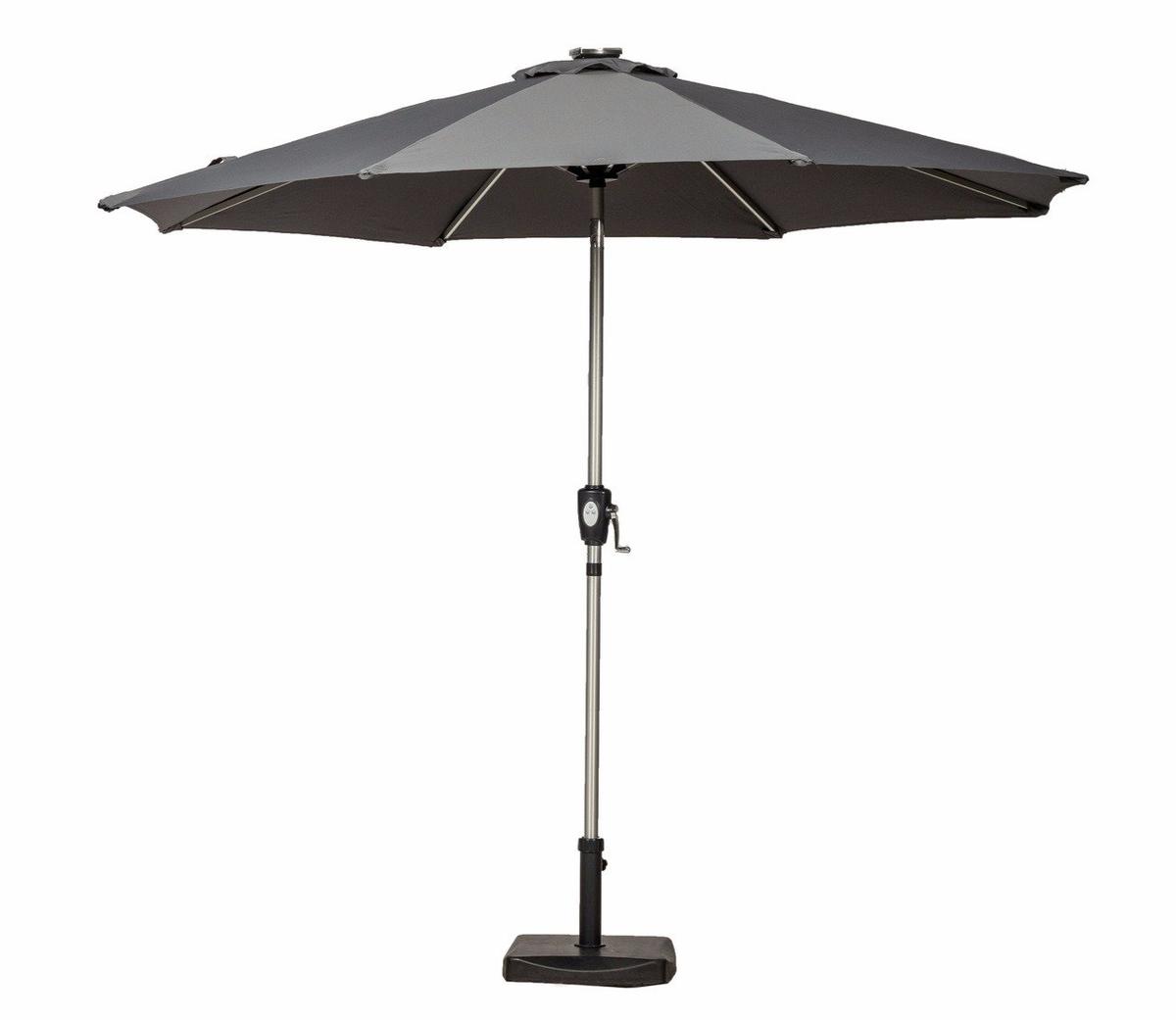 Outdoor garden umbrella with a grey canopy and sturdy base, featuring a manual crank handle for easy height adjustment. Designed to provide UV protection and shade.