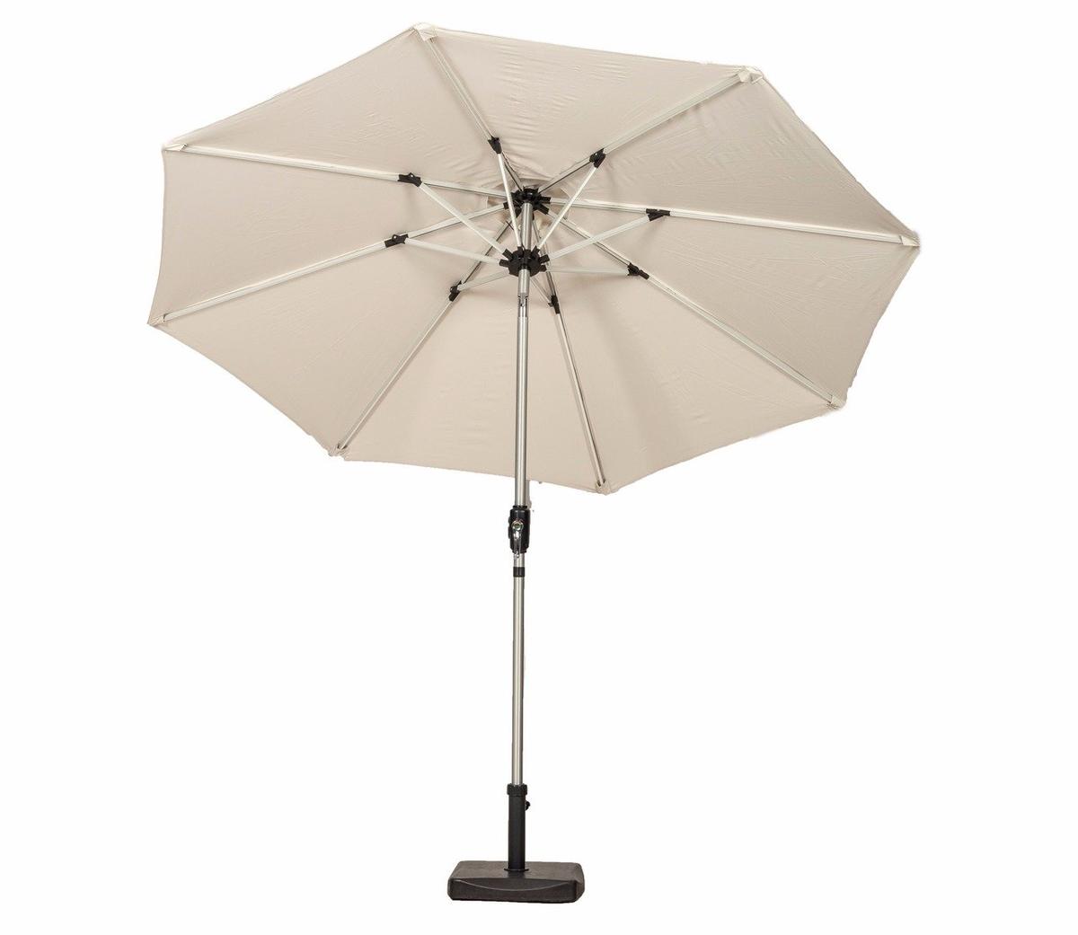 Cream-coloured patio umbrella with a sturdy metal frame and adjustable pole, perfect for providing ample shade in outdoor gardens or patios during sunny days.