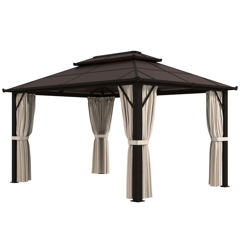 4m x 3m Beige Permanent Hardtop Gazebo – UPF30+ Polycarbonate Double Roof Pavilion with Aluminium Frame, Curtains & Mosquito Netting for Garden, Patio & Deck
