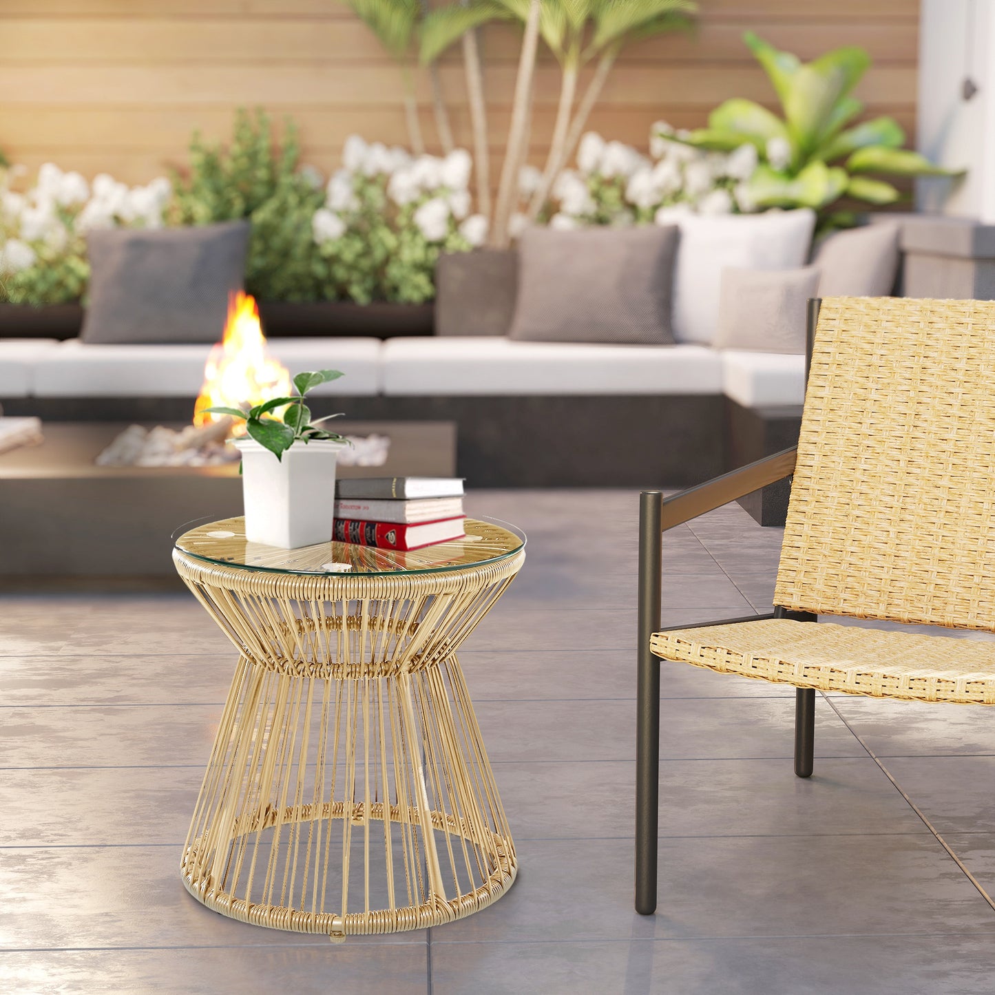 Verona Round End Table, Rattan Side Table, Hollow Drum Design Coffee Table w/ Glass Tabletop Natural