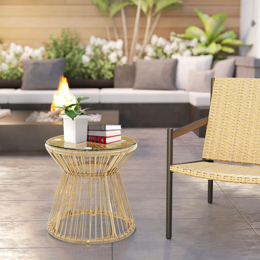 Verona Round End Table, Rattan Side Table, Hollow Drum Design Coffee Table w/ Glass Tabletop Natural